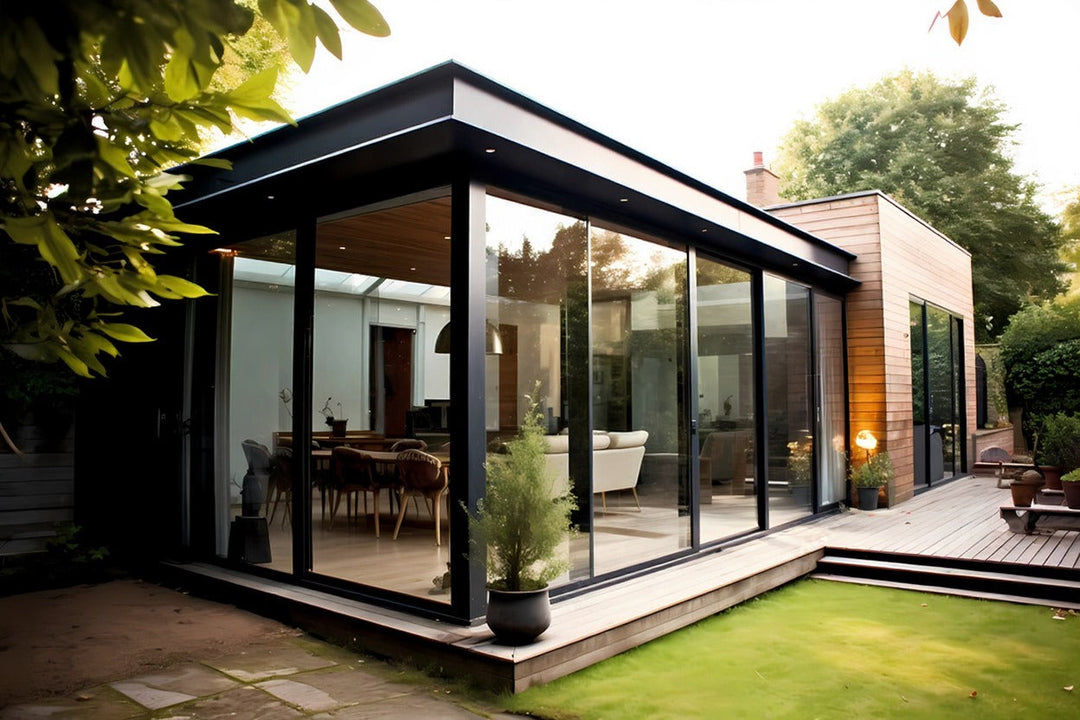 Modern house with aluminum pergola, large glass walls, aluminum exterior, and a cozy interior opening to a garden deck.