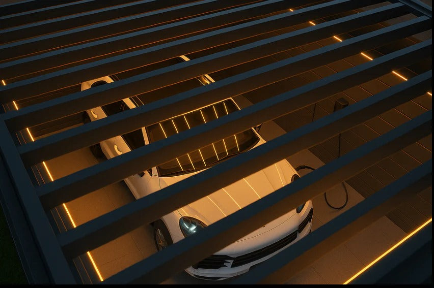 Modern silver car parked inside a sleek aluminium garage with LED lighting, representing premium Aluminium Garages UK design.