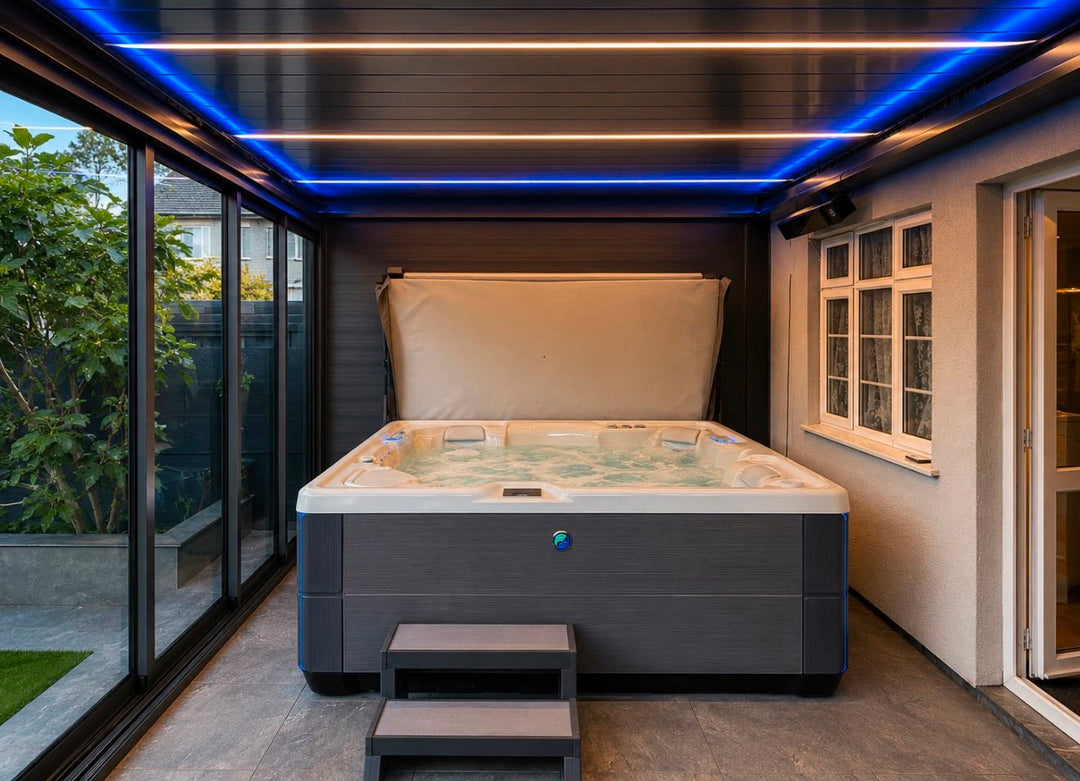 Luxury rotating retractable pergola over spa area
