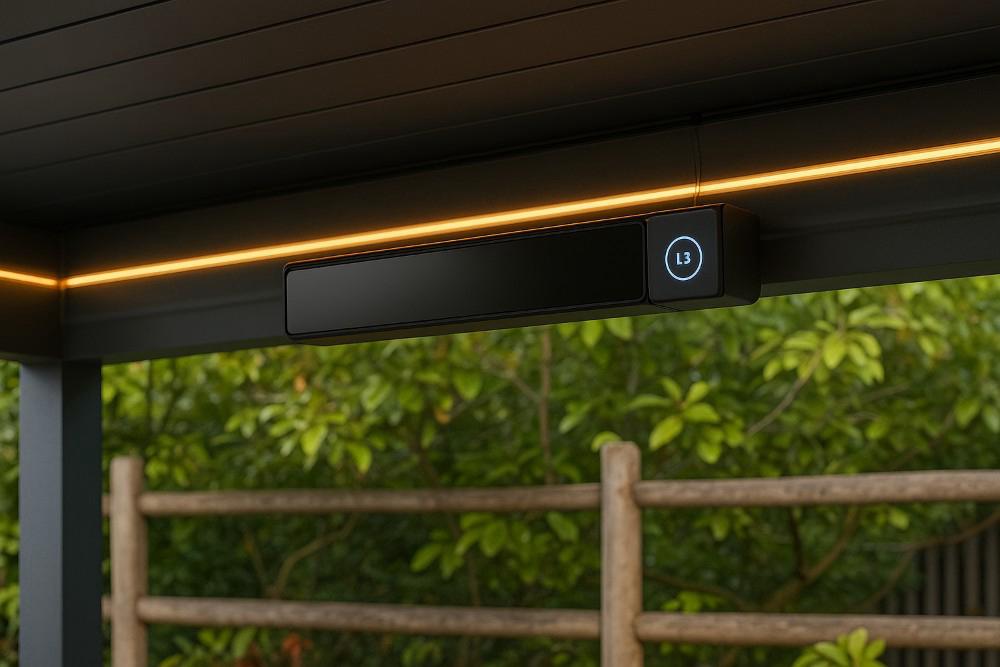 Modern electric heater installed under an aluminum pergola,UK with integrated LED lighting and a garden view in the background.