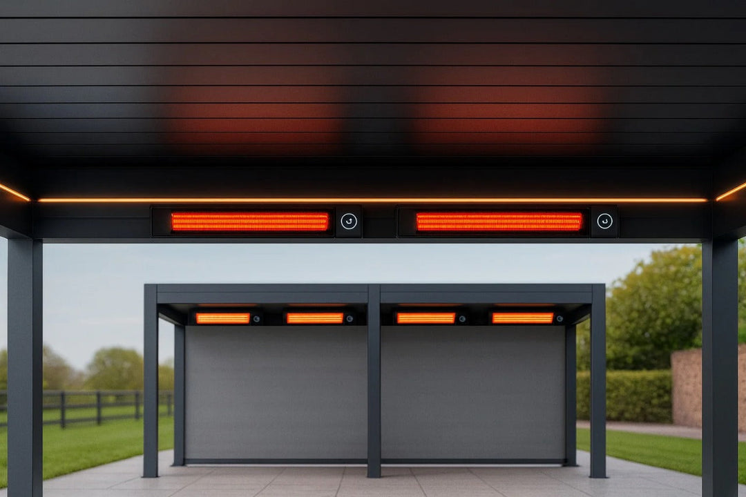 Best Electric Pergola Heaters UK installed in a modern aluminum pergola with sleek infrared heating panels glowing warm orange.