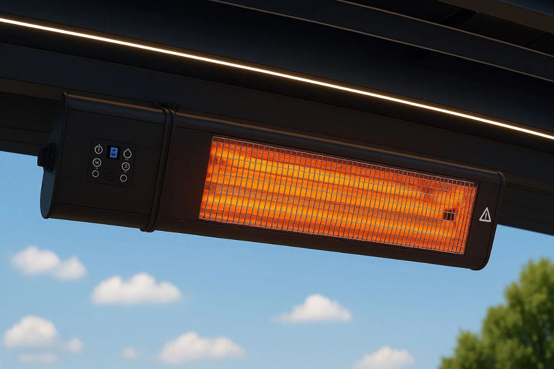 Close-up of an electric heater installed, UK under an aluminum pergola,UK glowing orange against a clear blue sky.