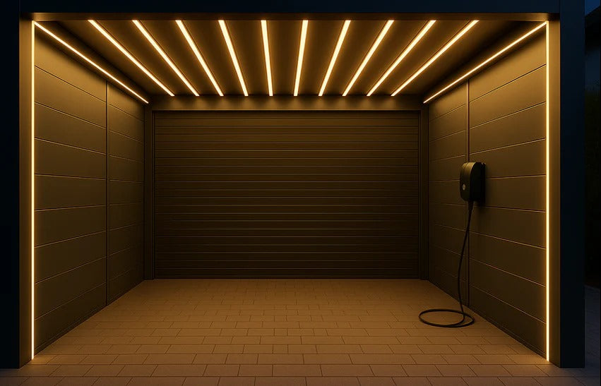 Modern Aluminium Garage UK featuring sleek LED ceiling lights, secure panel walls, and an integrated EV charging point.