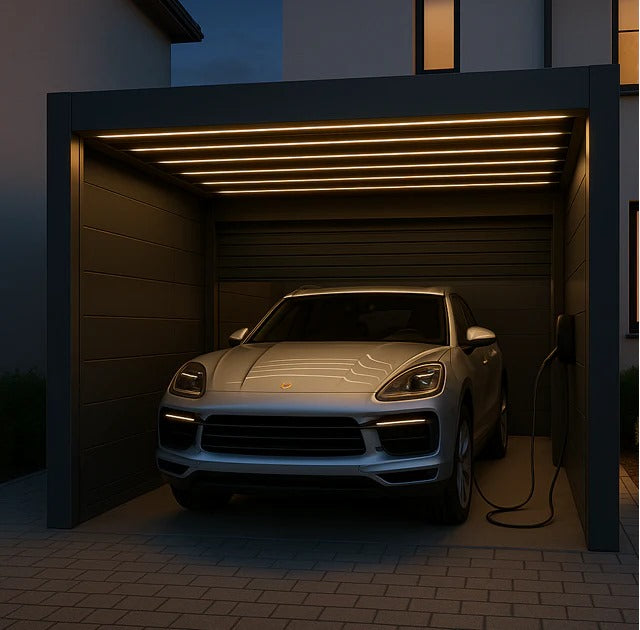 Modern silver car parked inside a sleek aluminium garage with LED lighting, representing premium Aluminium Garages UK design.