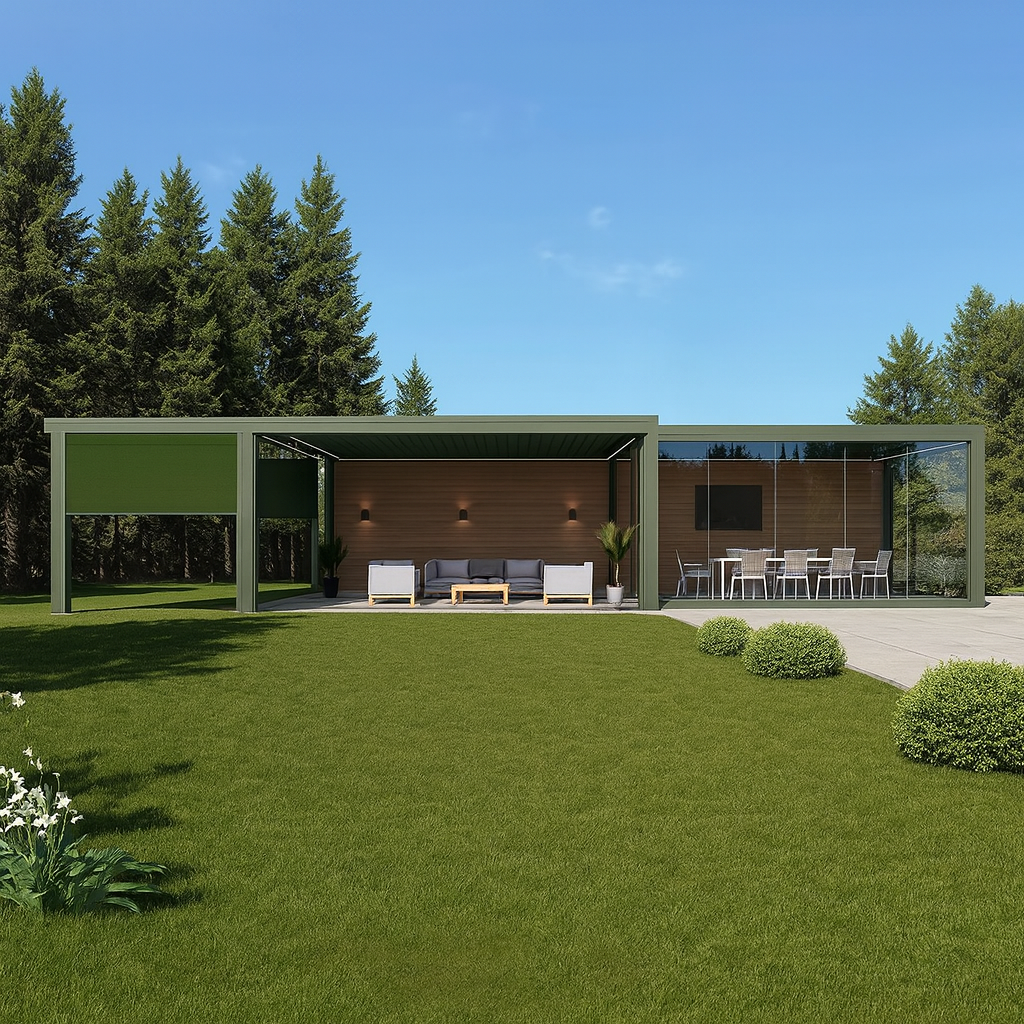 Luxury garden design featuring a modern aluminium pergola with integrated roof, green zip blinds, and outdoor seating area surrounded by landscaped greenery.