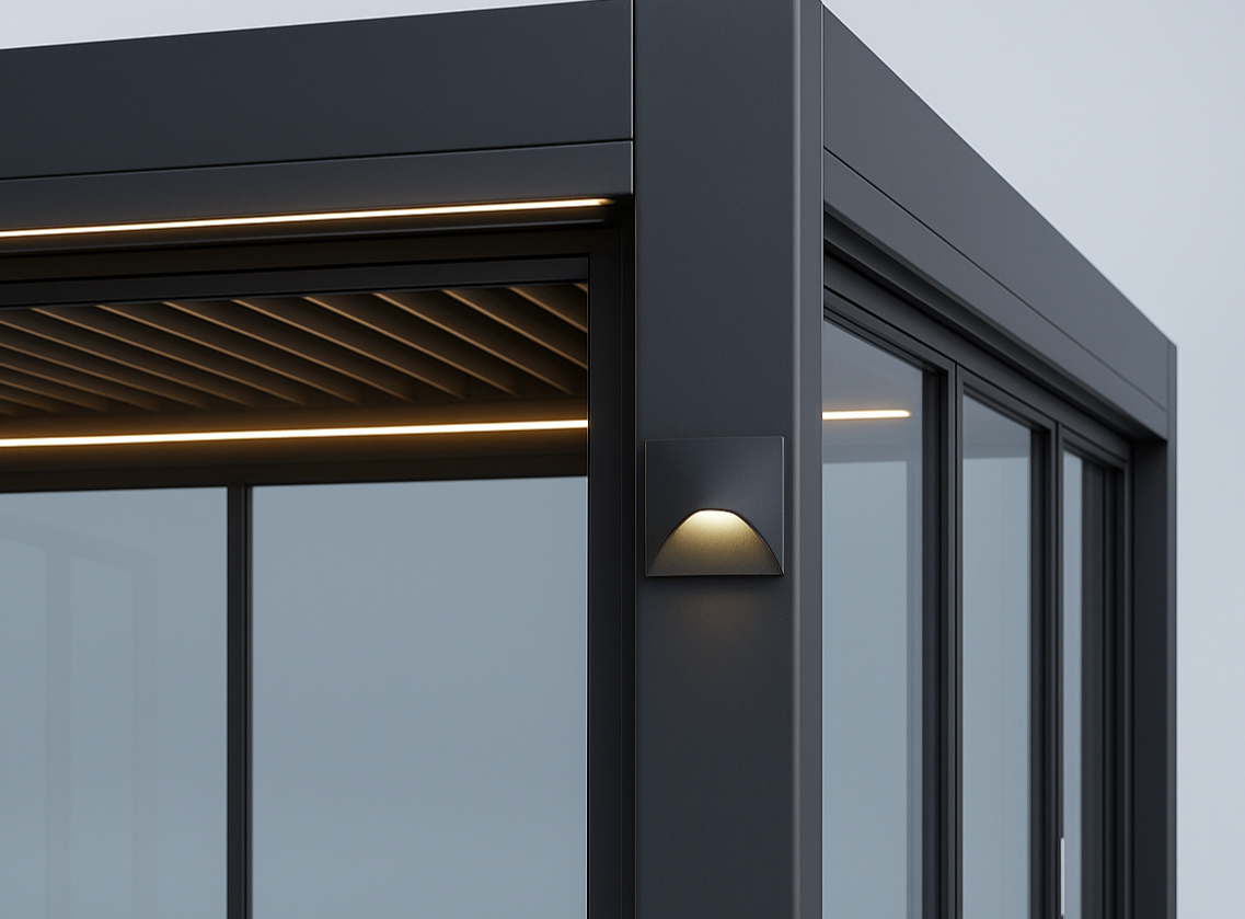 Modern outdoor light fixture on a pergola design building exterior with glass panels.