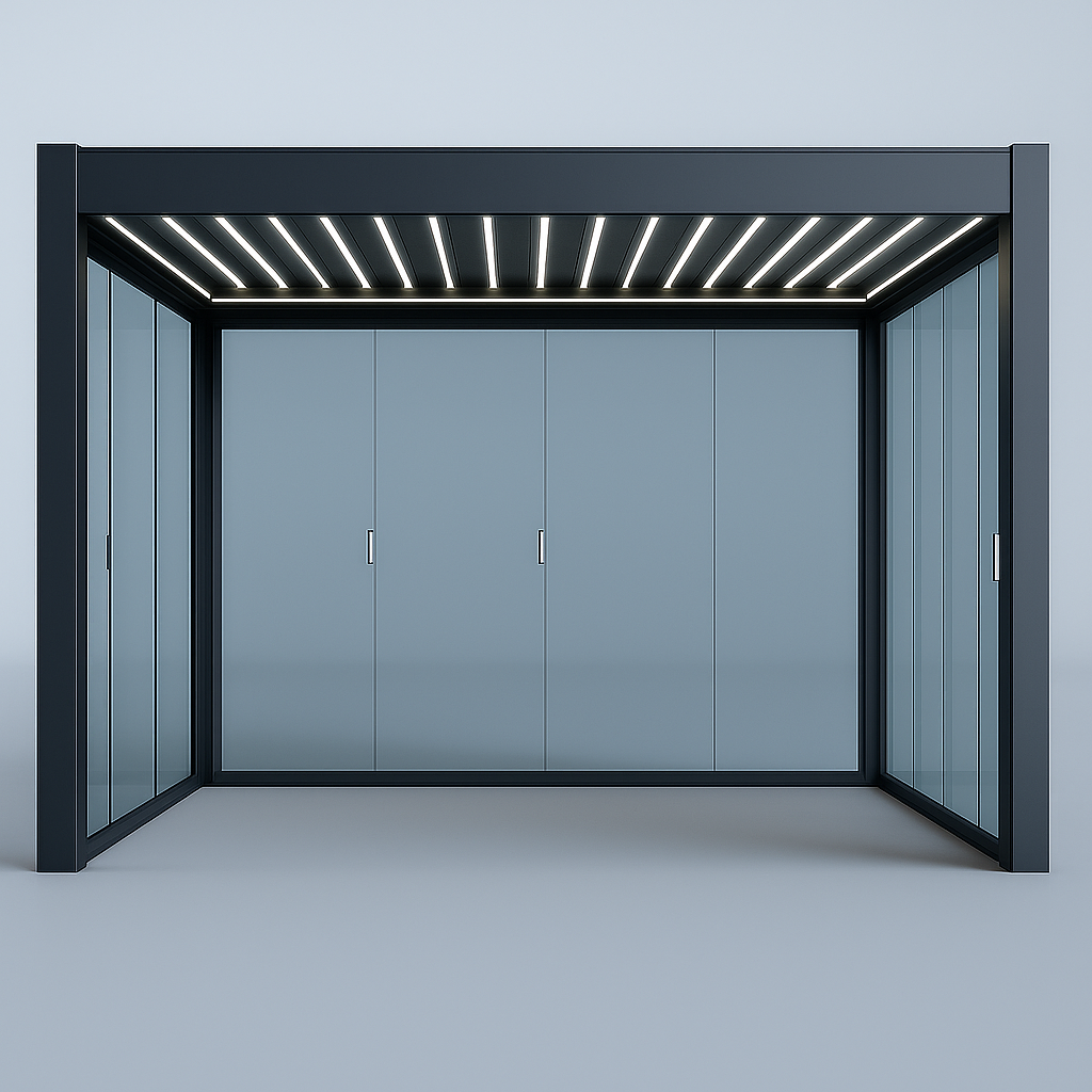 Modern outdoor canopy withPergola design LED lighting on a light blue background
