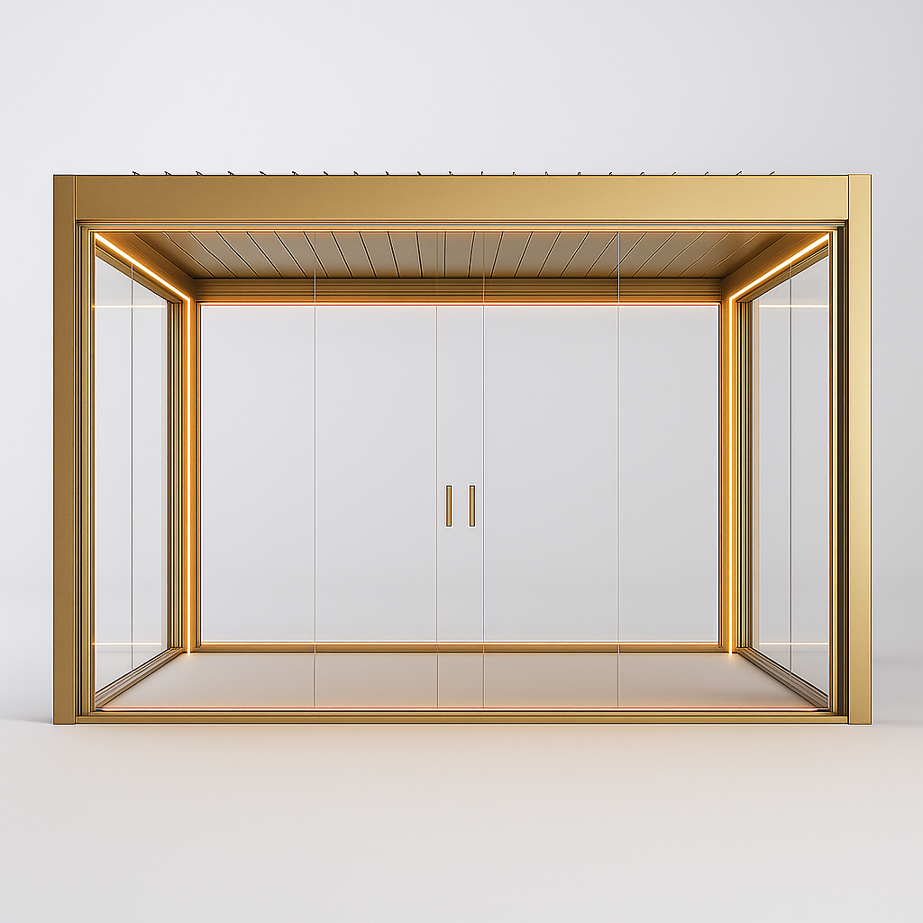 Gold-framed glass Pergola Design display case on a white background