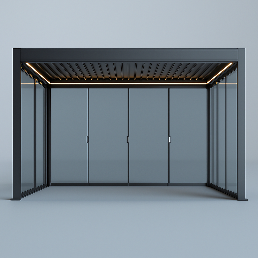 Modern outdoor canopy with glass walls on a light blue background
