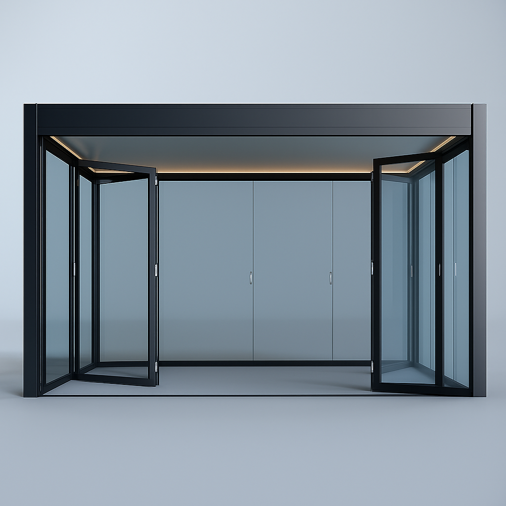 Modern glass structure with an apergola design, black frame on a gray background