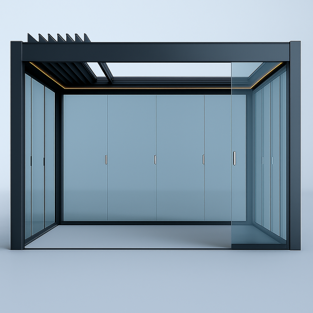 Modern glass enclosure with pergola design black frame on a light blue background