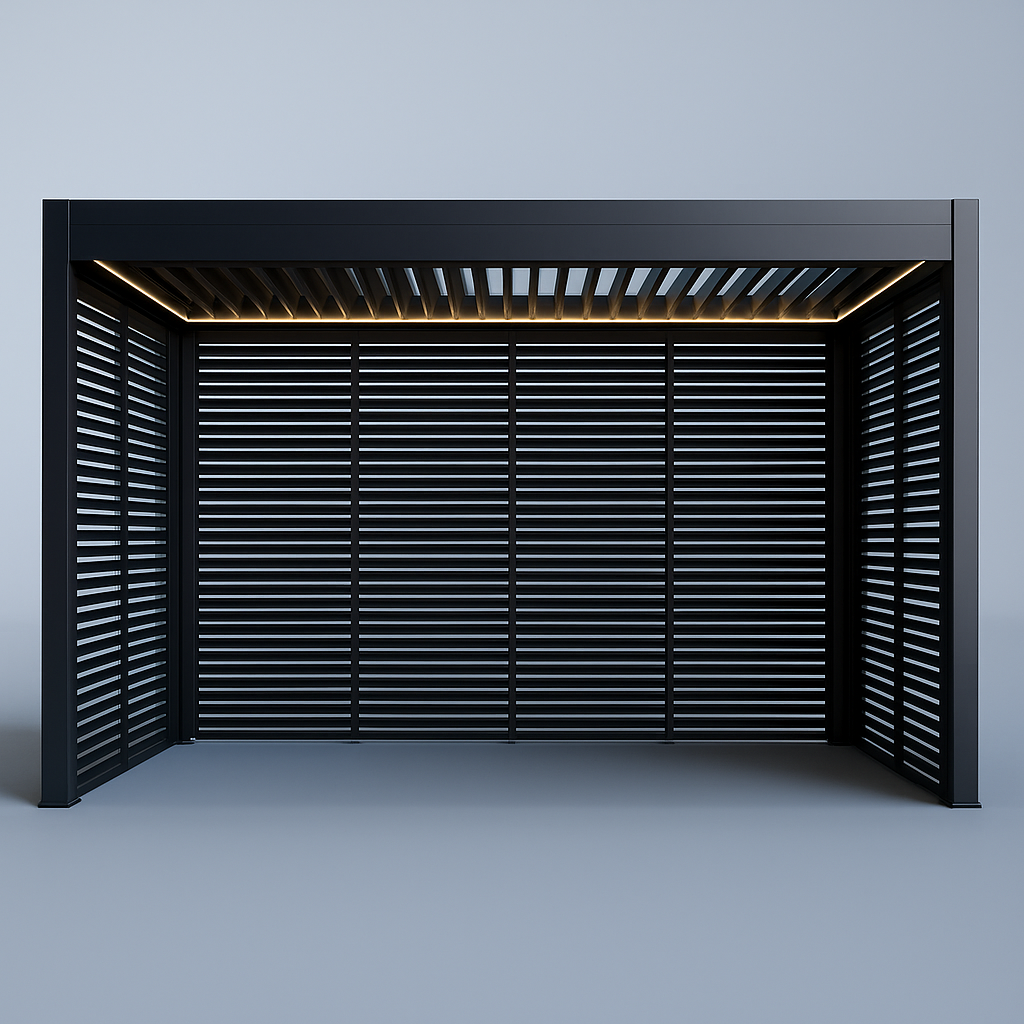 Modern black metal outdoor canopy with slatted design on a gray background