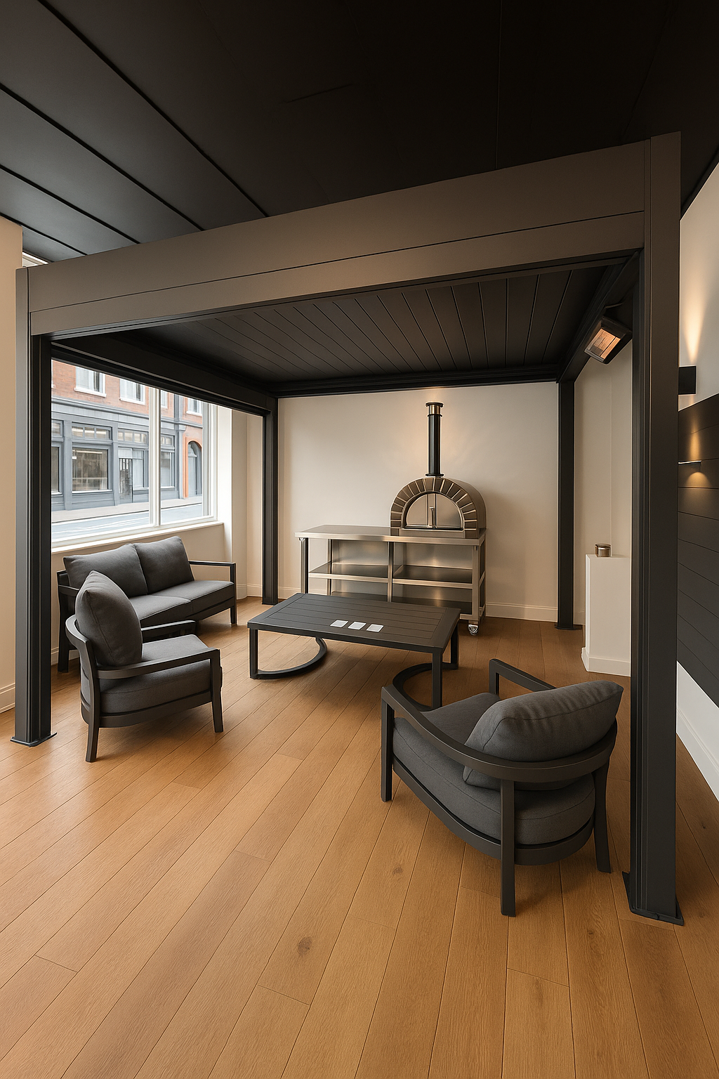 Modern living room with gray furniture and a pizza oven caseperogla.
