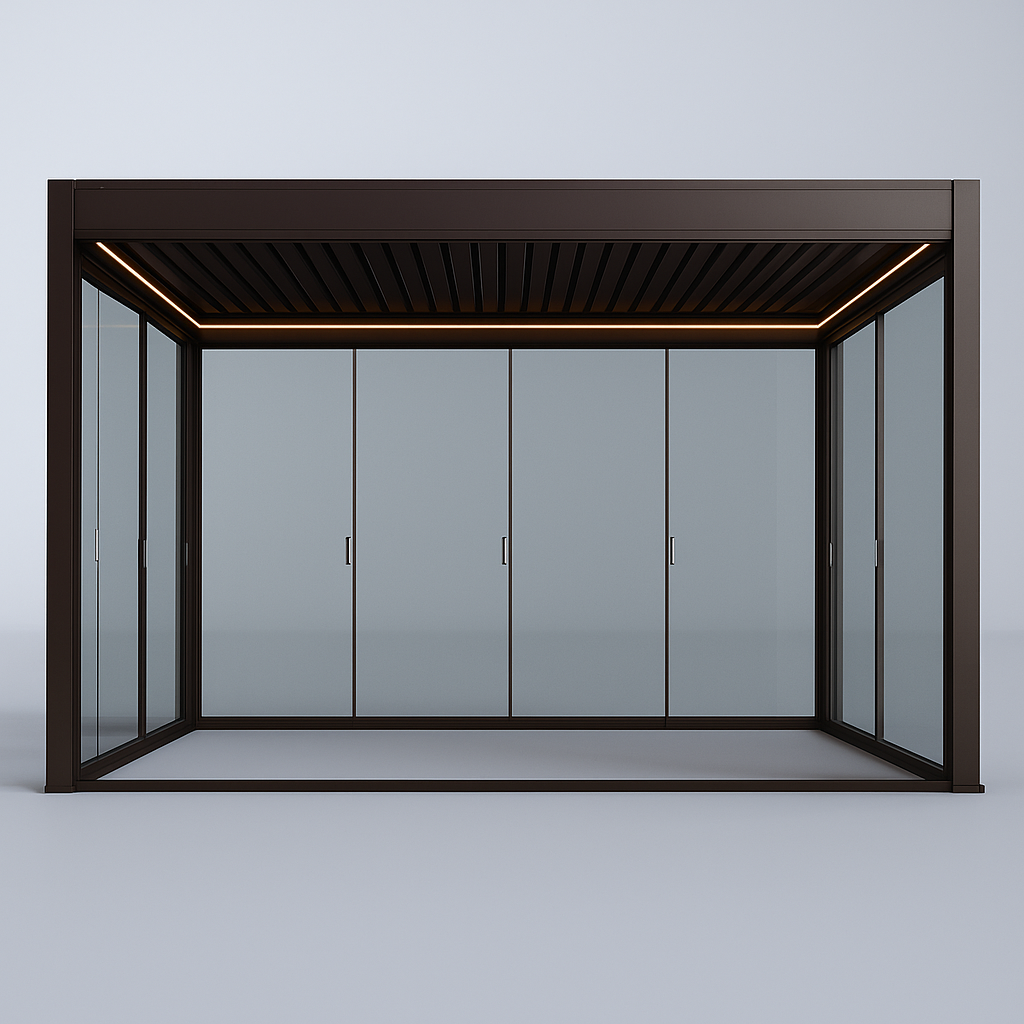 Modern glass enclosure with pergola design, dark metal frame on a light gray background