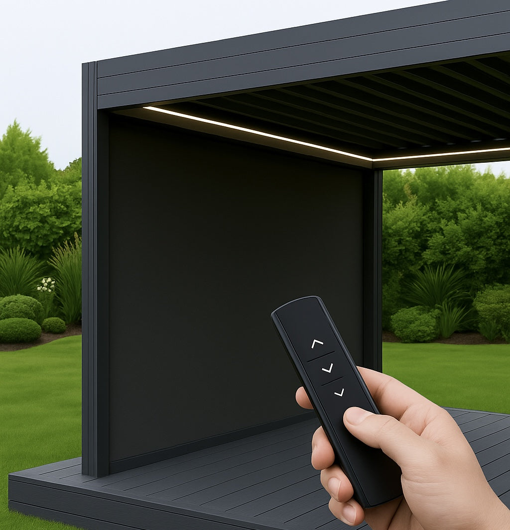 Person holding a remote control in front of a black outdoor motorised zip blinds window screen with a garden background