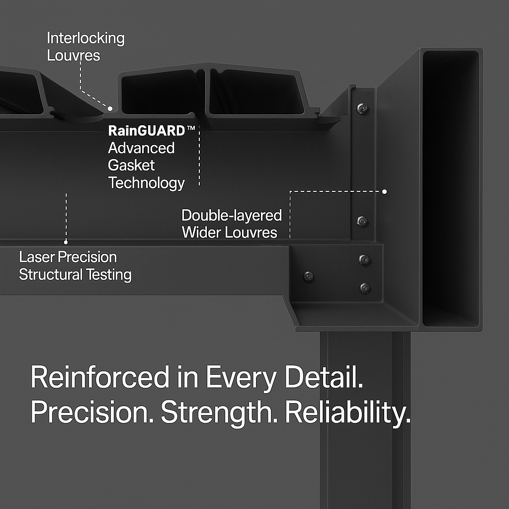 Free standing pergola structural detail showing interlocking louvers and RainGuard gasket system
