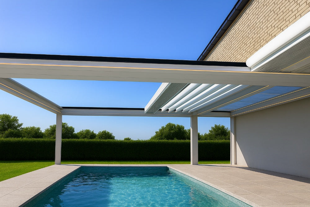Retractable pergola roof system installed over a luxury swimming pool, showing open sliding roof panels and a modern outdoor poolside area.
