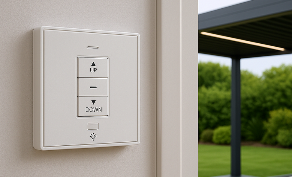 Wall mounted wireless switch controlling free standing pergola roof and lighting