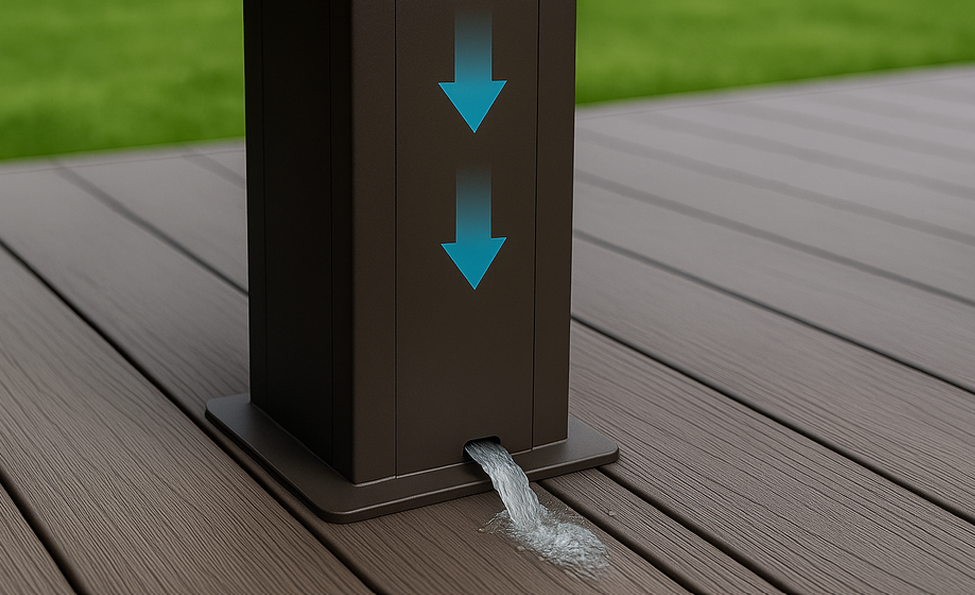 Hidden drainage outlet at base of free standing pergola post directing rainwater away