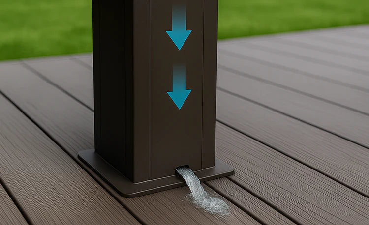 Black post with blue arrows on a wooden deck