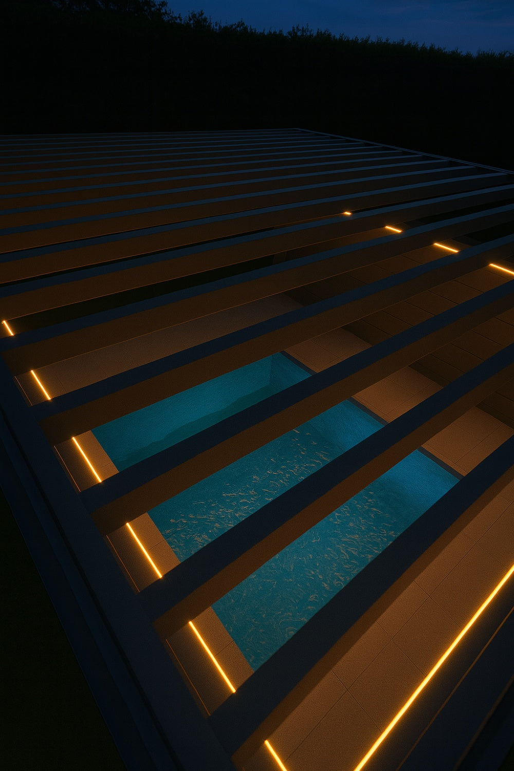 PergoSpa insulated louver roof system with integrated LED strips, designed to retain heat over a luxury pool during evening use