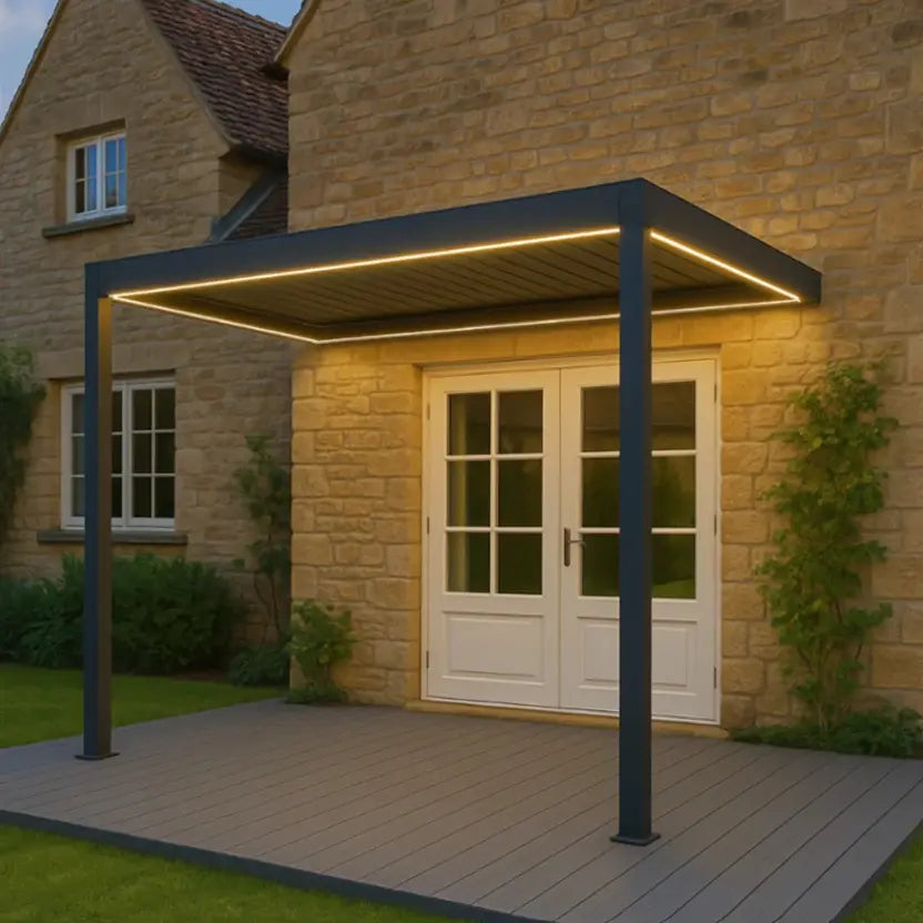 Modern outdoor canopy with LED lights attached to a house exterior.