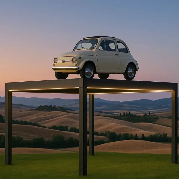 Vintage car on a stand with a scenic landscape in the background