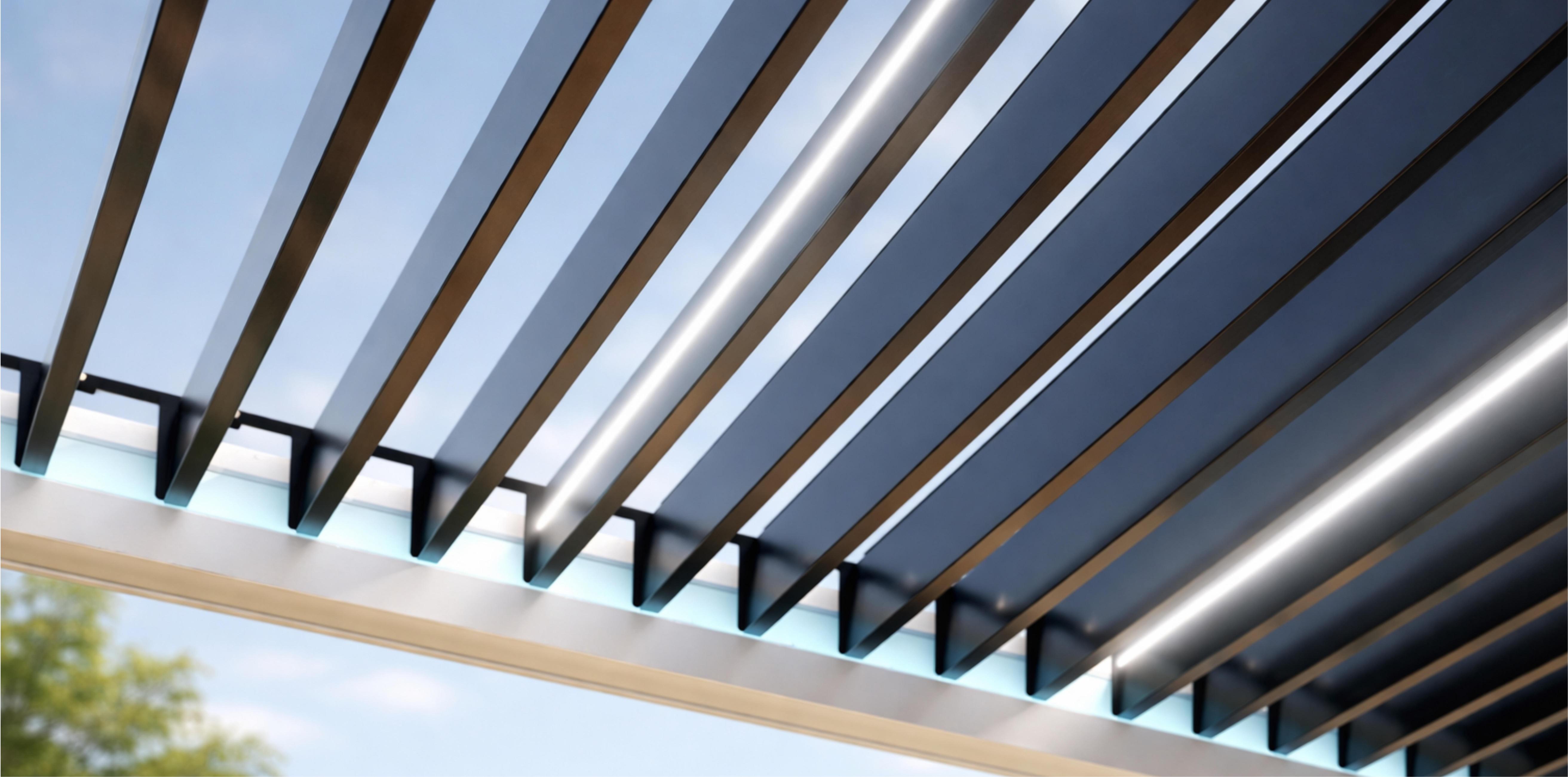 Motorised aluminium louver pergola roof with integrated LED lighting controlling sunlight and ventilation