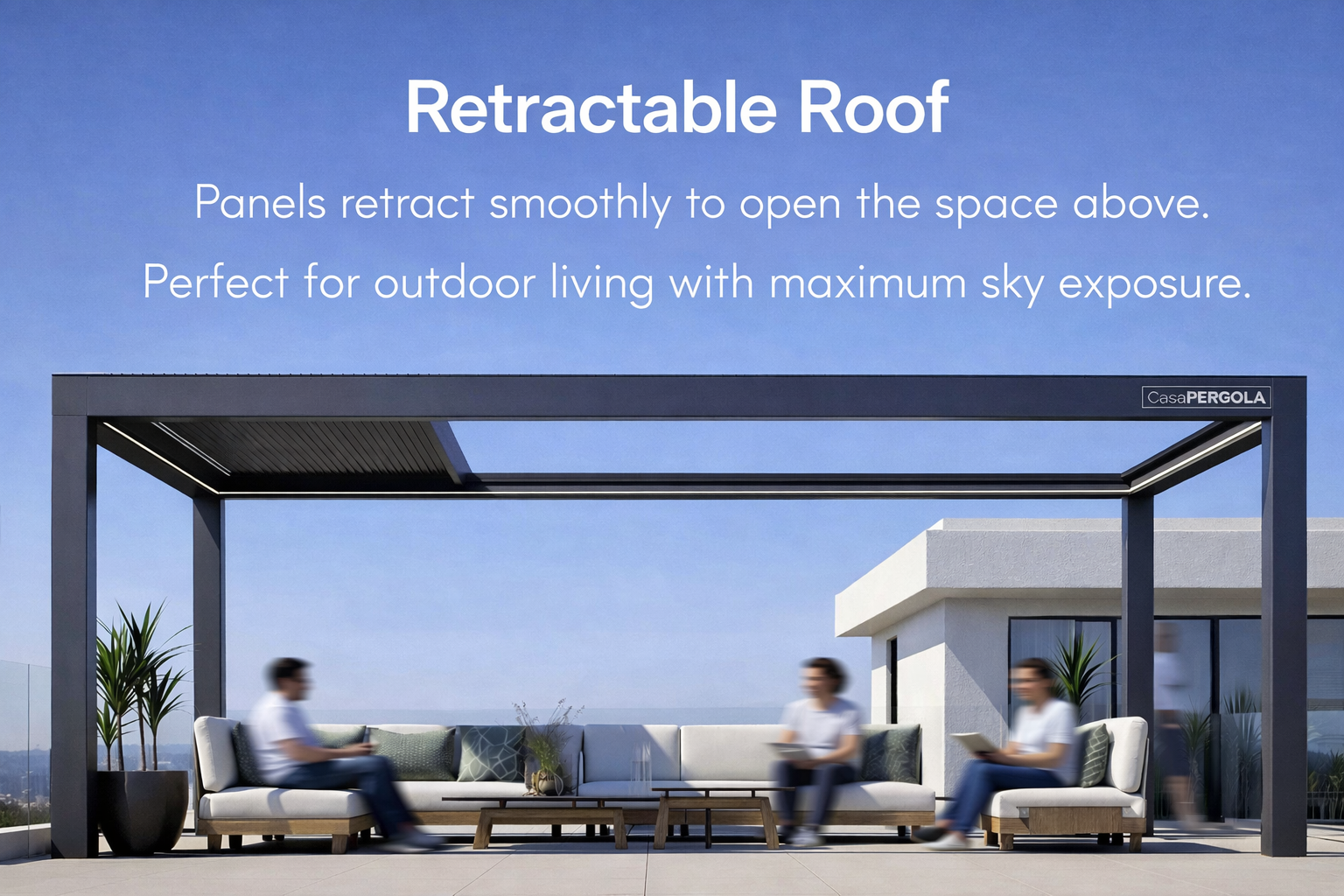 Motorised retractable pergola roof system with aluminium panels sliding open above a modern outdoor seating area