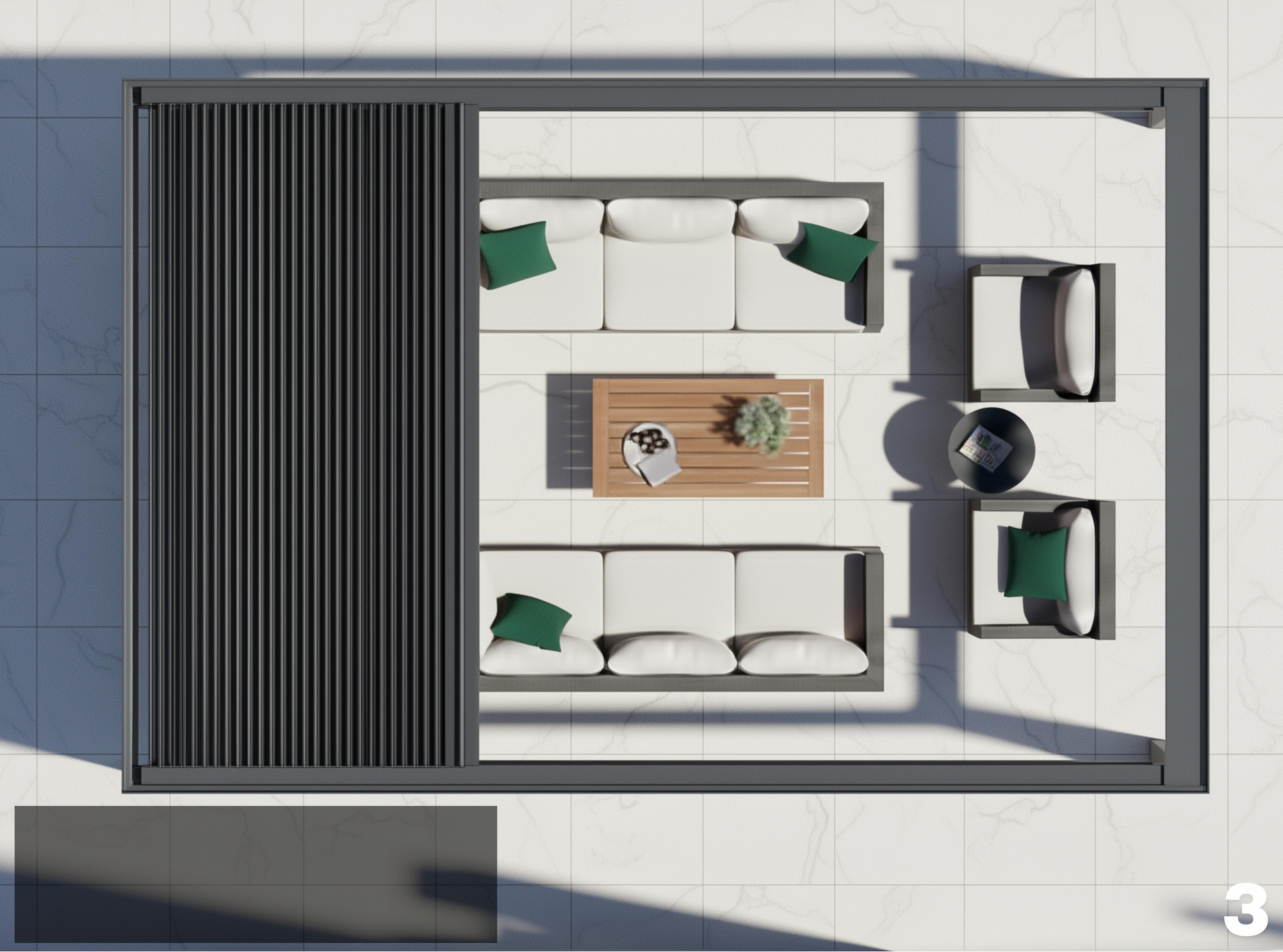 Top view of a motorised aluminium pergola with rotate and retract roof system partially open showing modern outdoor seating area