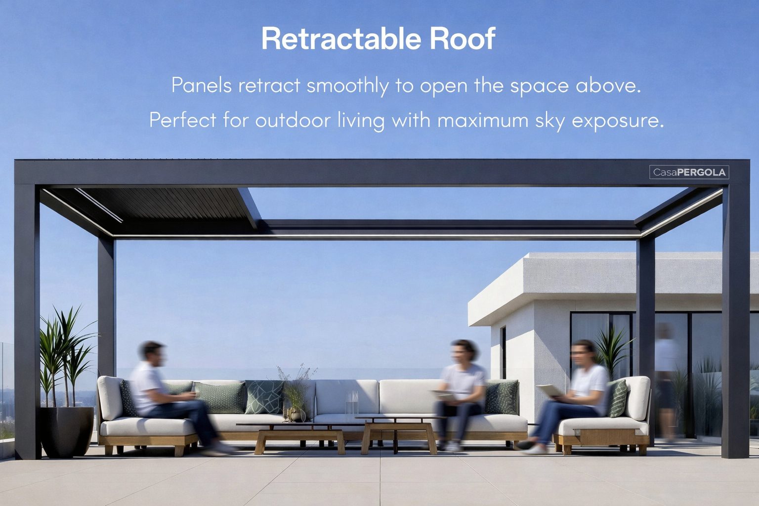 Motorised retractable pergola roof system with aluminium panels sliding open to create an open sky outdoor living space