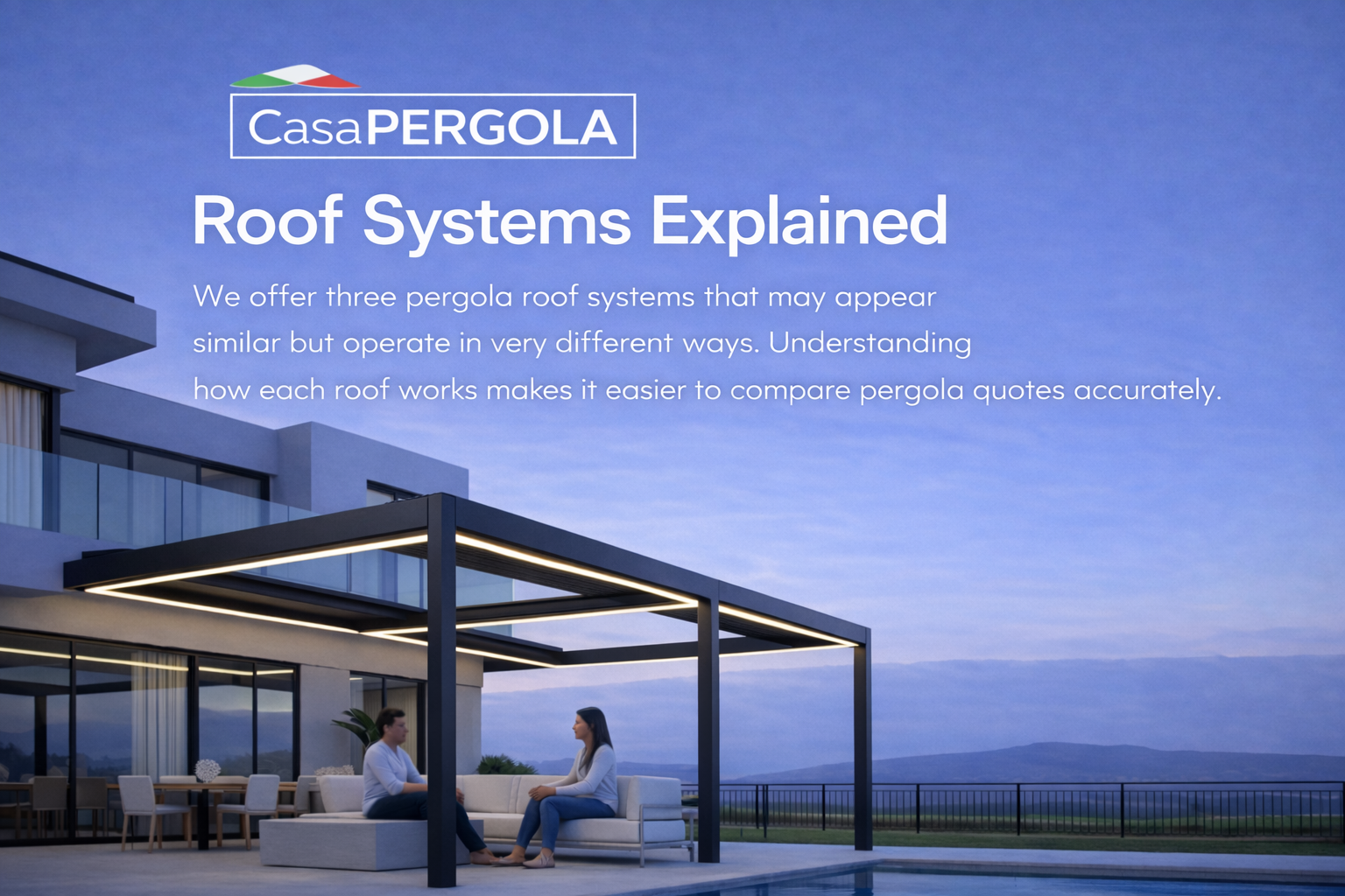 Motorised aluminium pergola roof systems with integrated LED lighting on a modern Casa Pergola installation