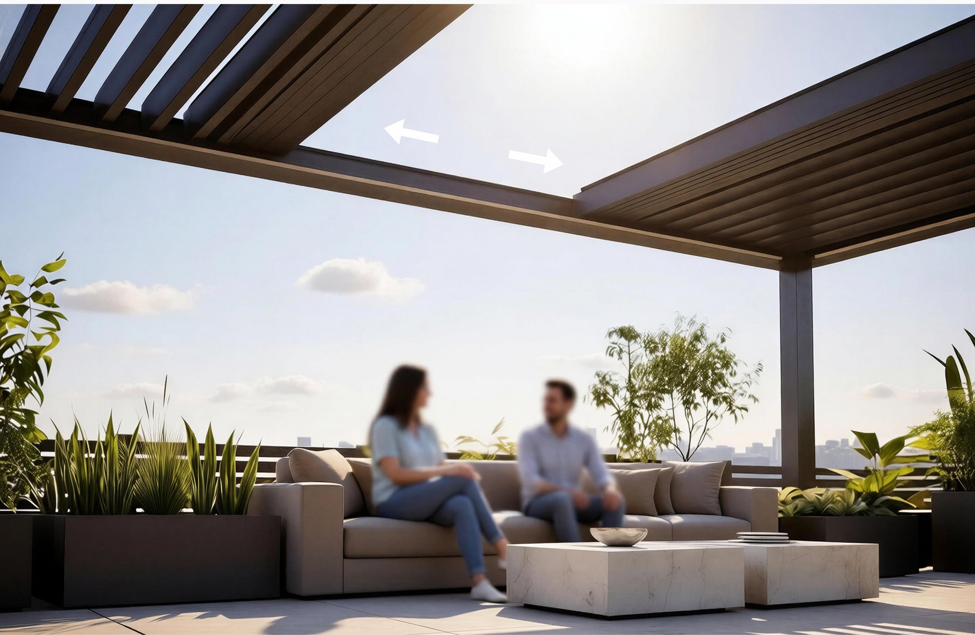 Motorised rotate and retract pergola roof system with aluminium panels sliding open above a modern outdoor seating area