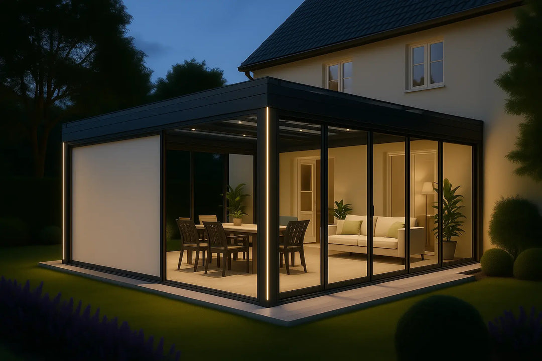 Modern extension of a house with glass walls at night