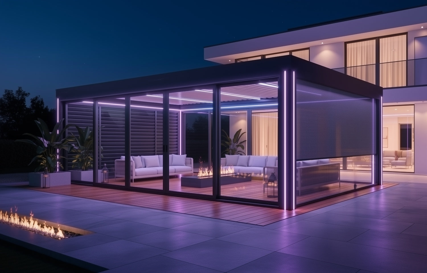 Custom outdoor room with retractable roof, privacy blinds and ambient LED lighting