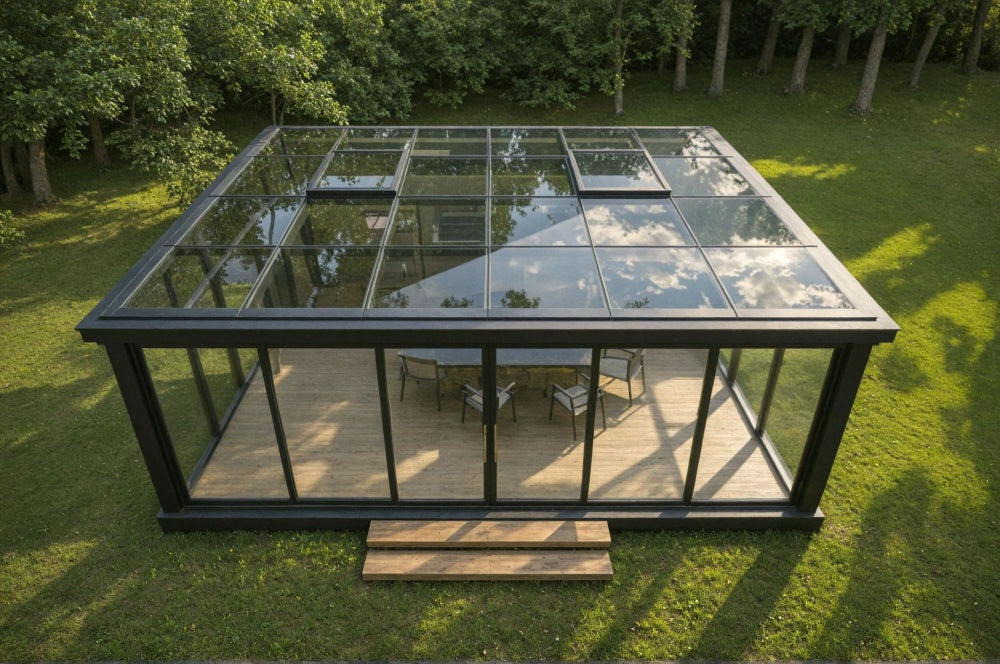 Top view of aluminium glass room pergola with sliding glass doors and glass roof enclosure