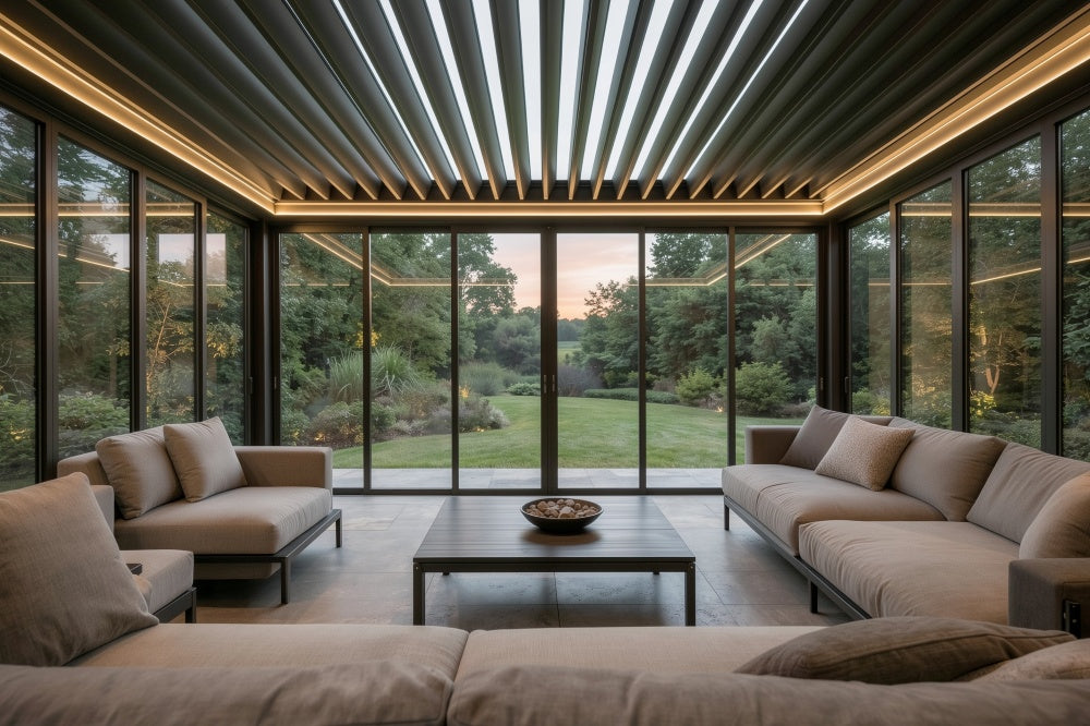 Interior of a luxury aluminium glass room pergola with integrated LED lighting and louvered roof