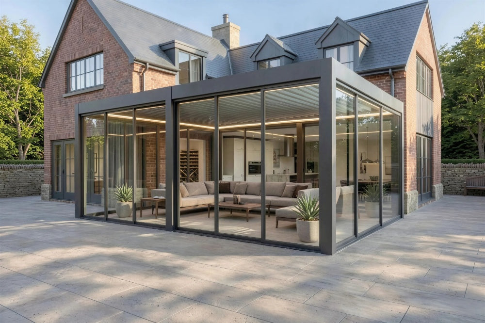 Luxury aluminium glass room pergola with sliding glass walls attached to a modern house