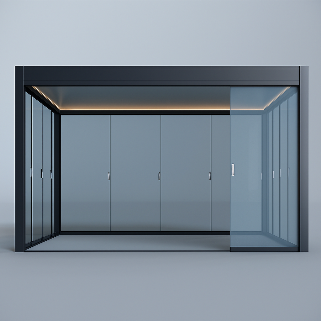 Modern glass enclosure with black frame on antheratic gray background