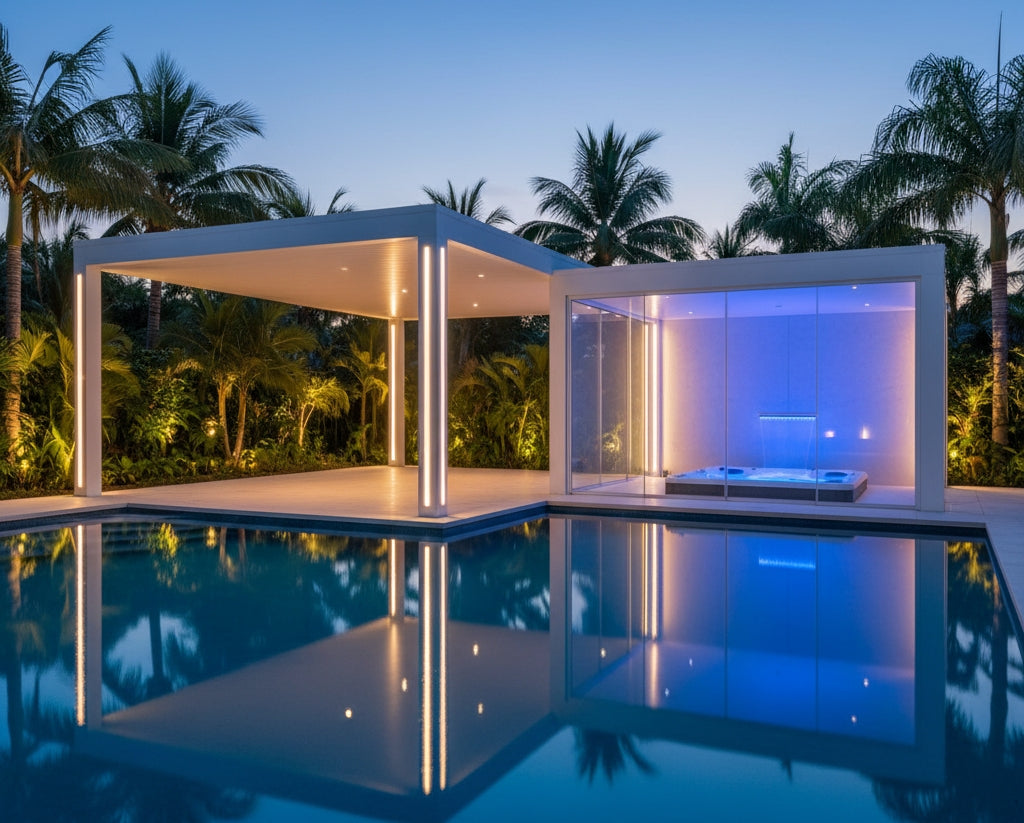 Casa Pergola PergoSpa pavilion with customisable RGB and warm white LED lighting, illuminating a luxury poolside lounging area at dusk.
