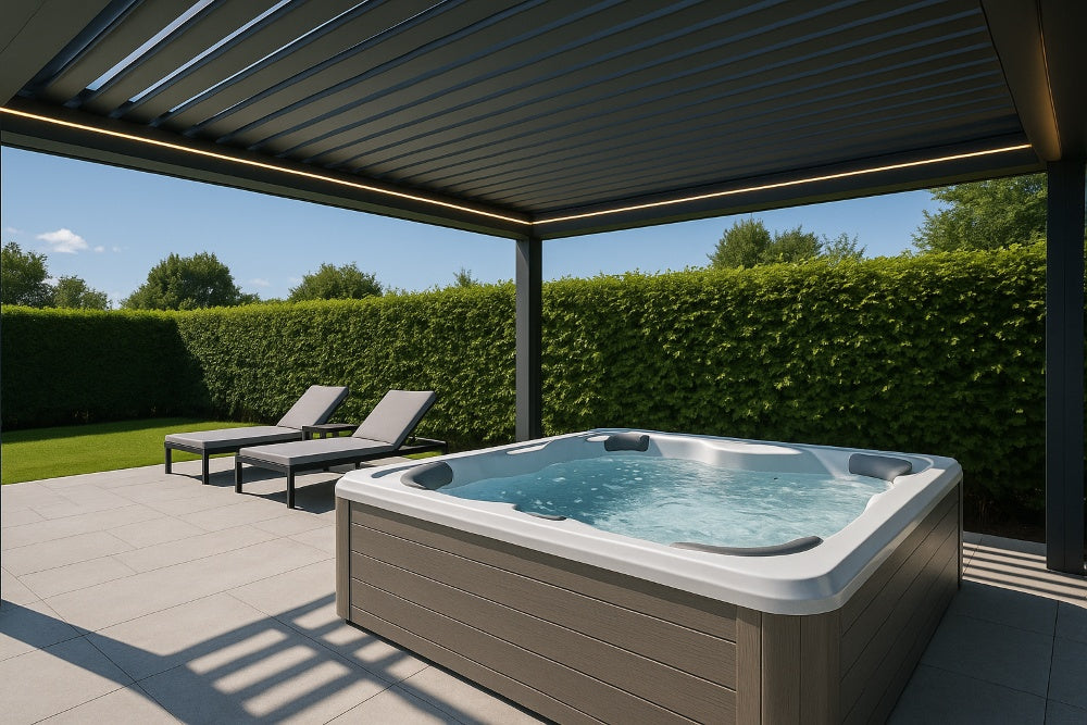 Hot tub installed beneath a luxury aluminium pergola with LED lighting, beside modern outdoor lounge chairs in a landscaped garden