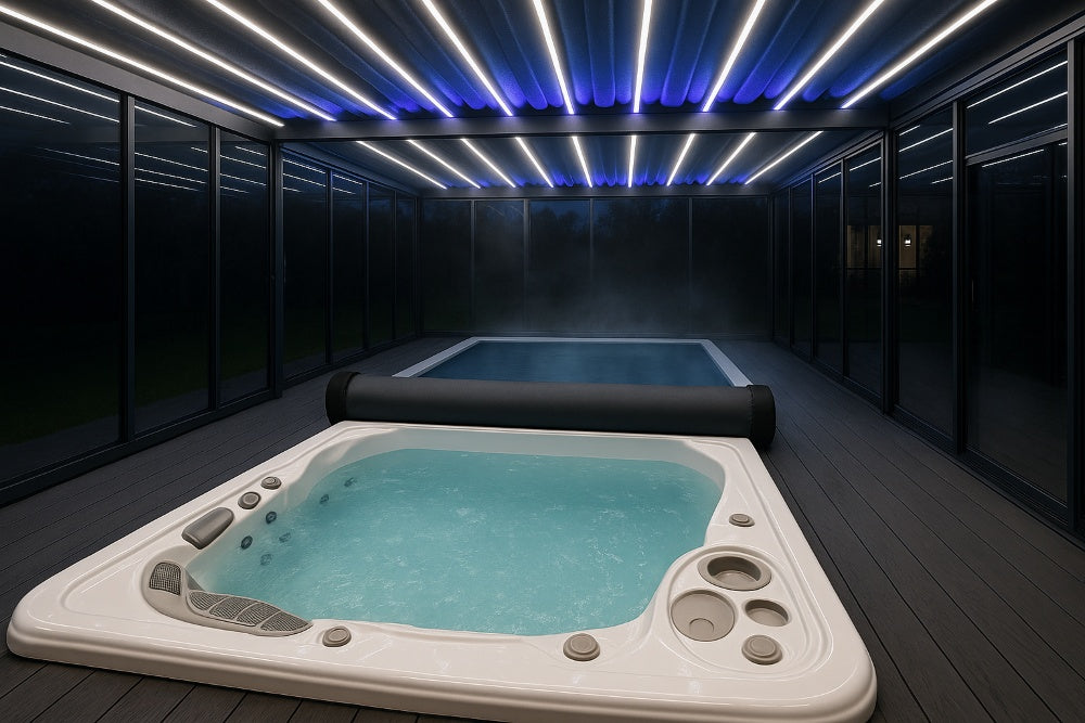 Casa Pergola PergoSpa enclosure with full sliding glass walls and RGB LED louver lighting, featuring a luxury hot tub and heated pool in an enclosed nighttime spa setting