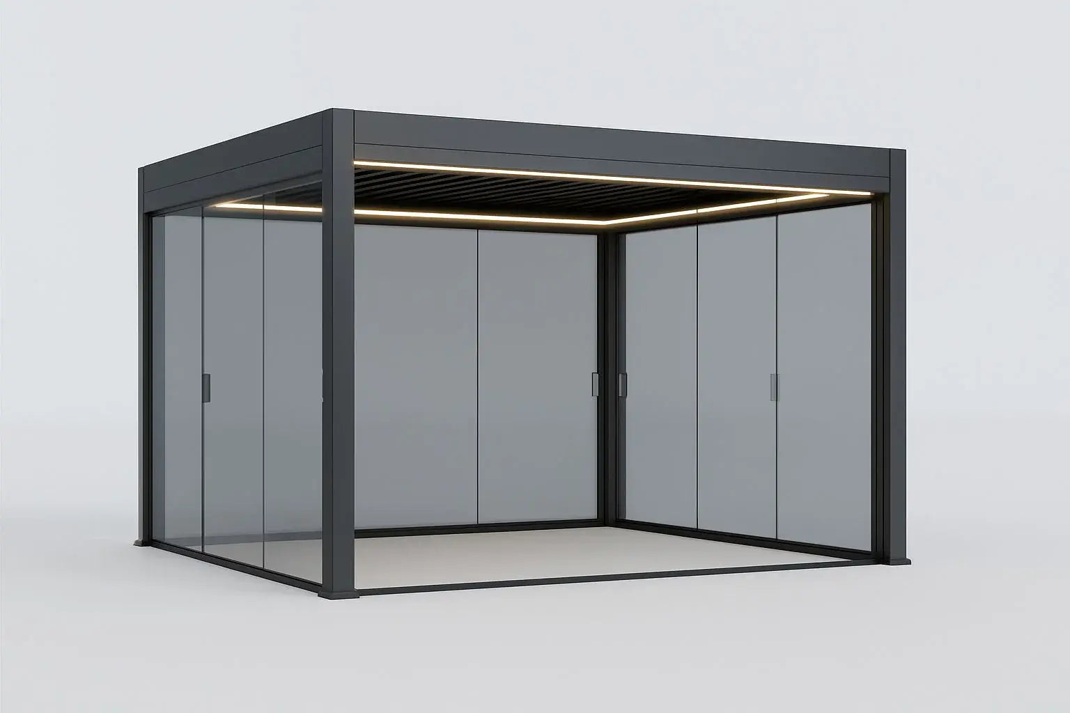 Modern outdoor gazebo with glass walls and black frame on a white background