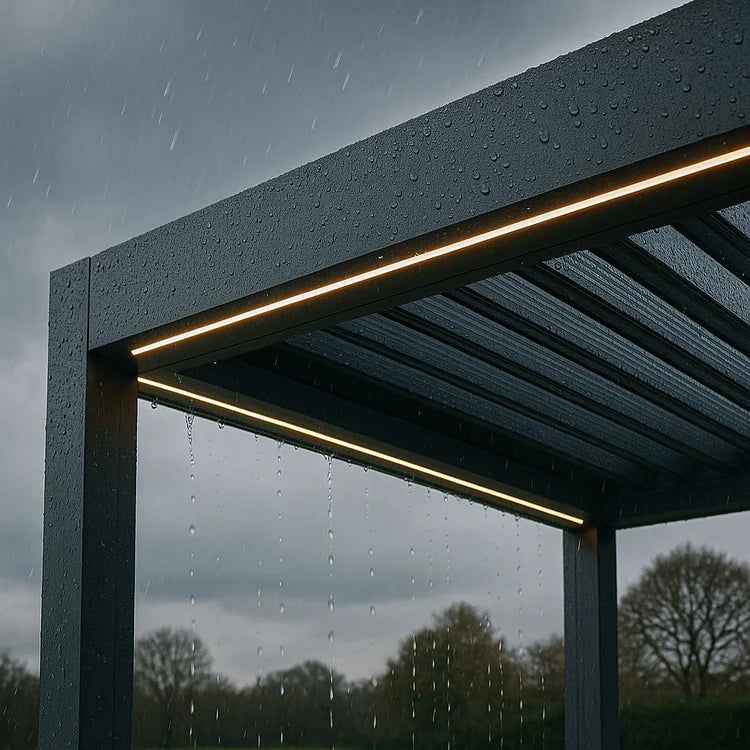 Pavilion with raindrops on the roof against a cloudy sky
