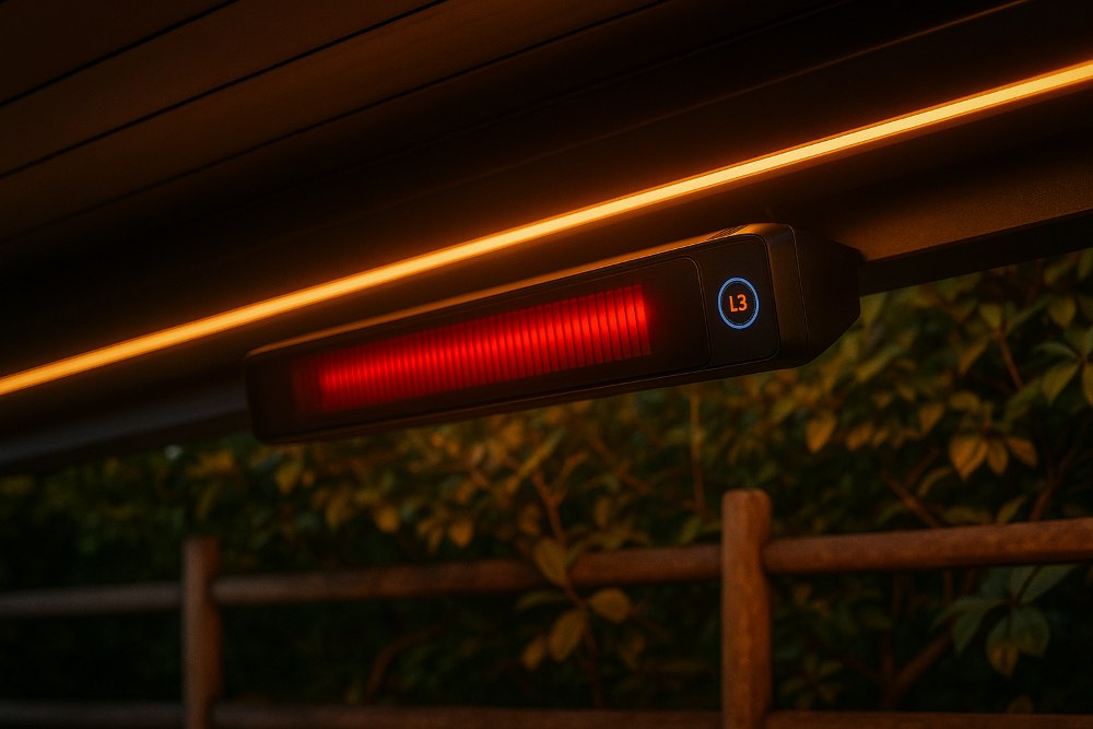 Infrared patio heater mounted under a modern pergola roof, glowing red with a soft blue control light in a warm evening setting surrounded by garden foliage.
