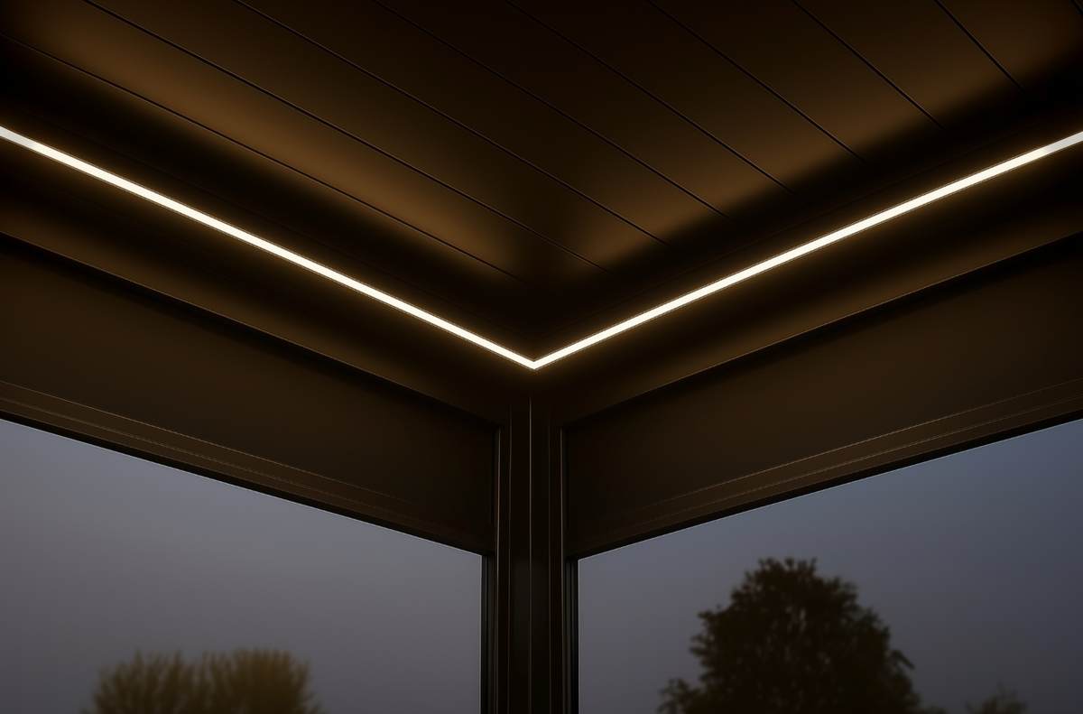 Free standing pergola with integrated warm LED lighting around the roof frame