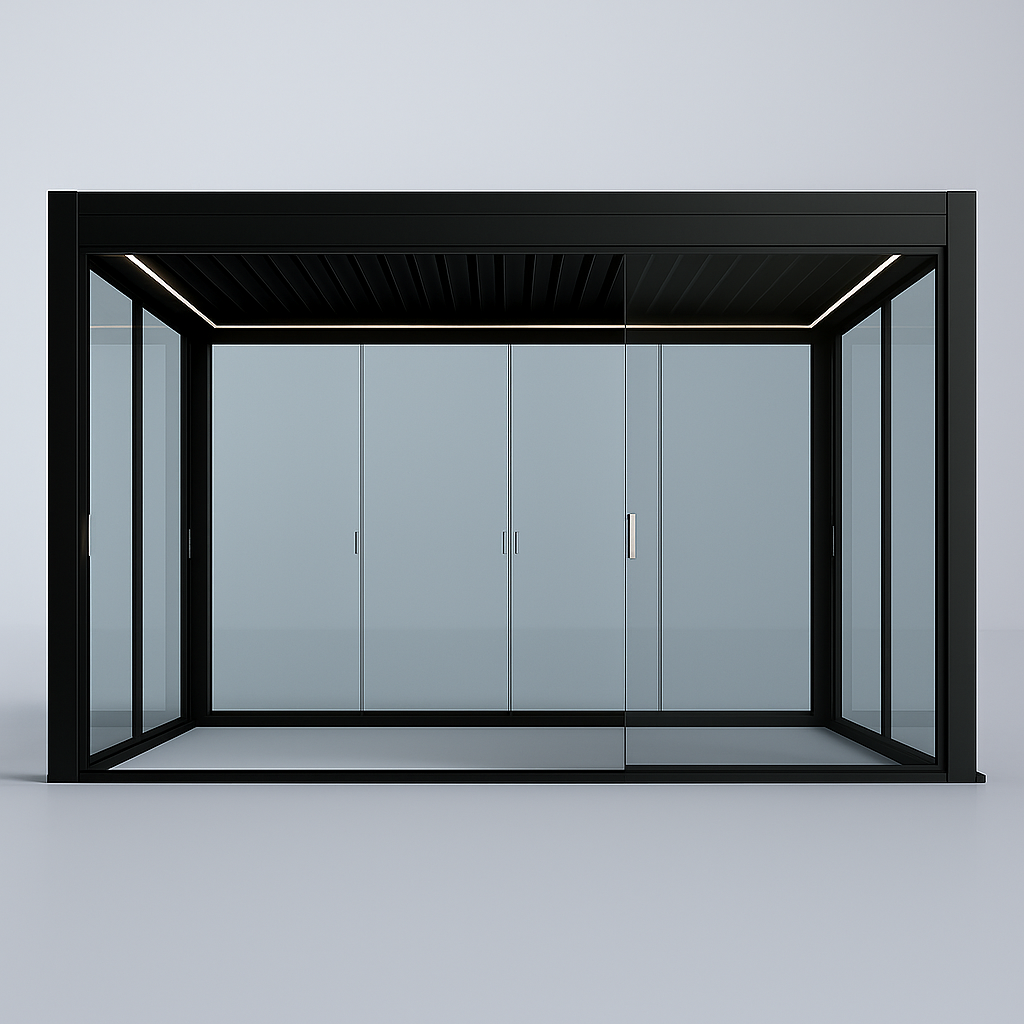 Modern black-framed glass enclosure on a light gray background