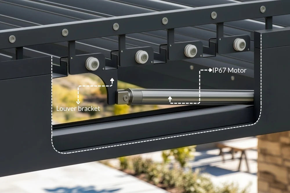 IP67 rated motor and louver mechanism inside free standing pergola frame
