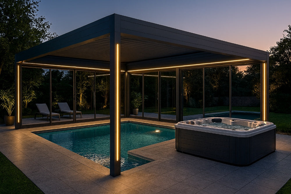 Casa Pergola LED-lit spa enclosure featuring a pool and outdoor hot tub at dusk.