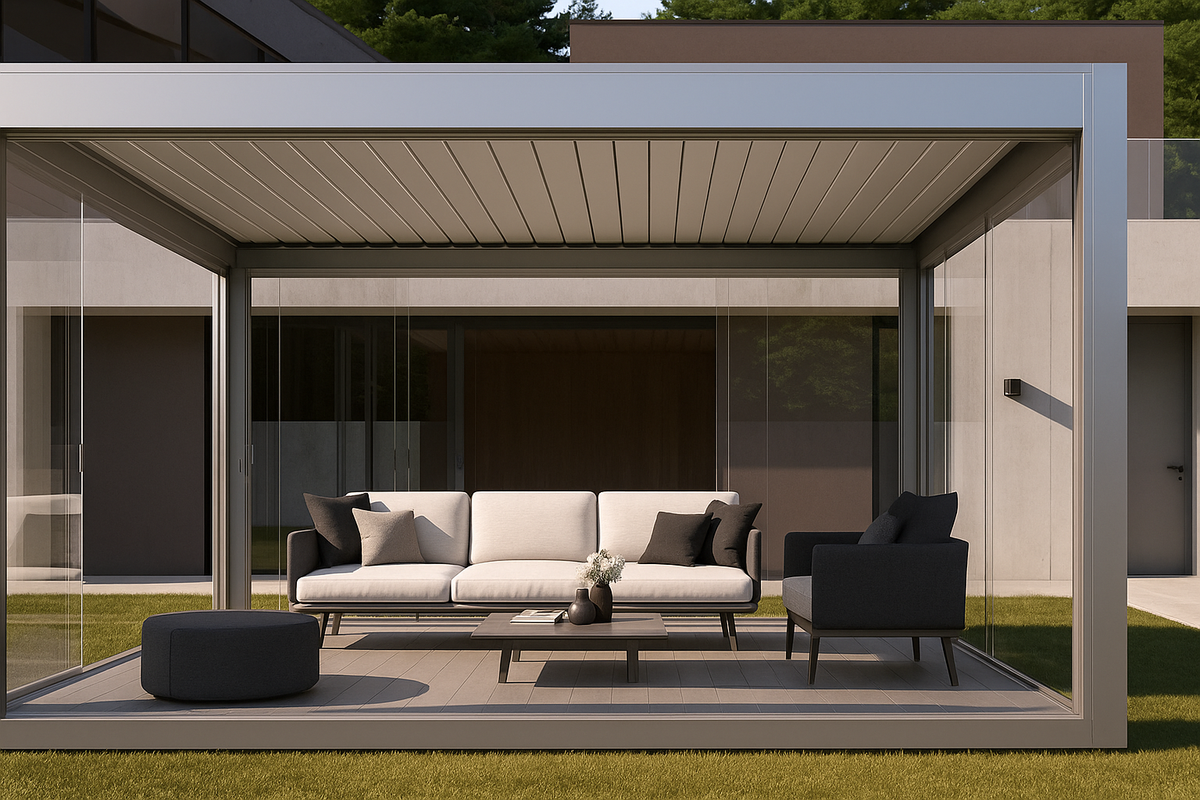 Luxury modern pergola with glass sides and louvred roof installed in a UK garden.